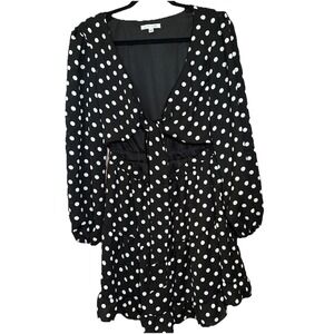 City Vibe B & W Polka Dot Mini Dress – Long Sleeve Cutout Ruffle Hem, S‎ size L